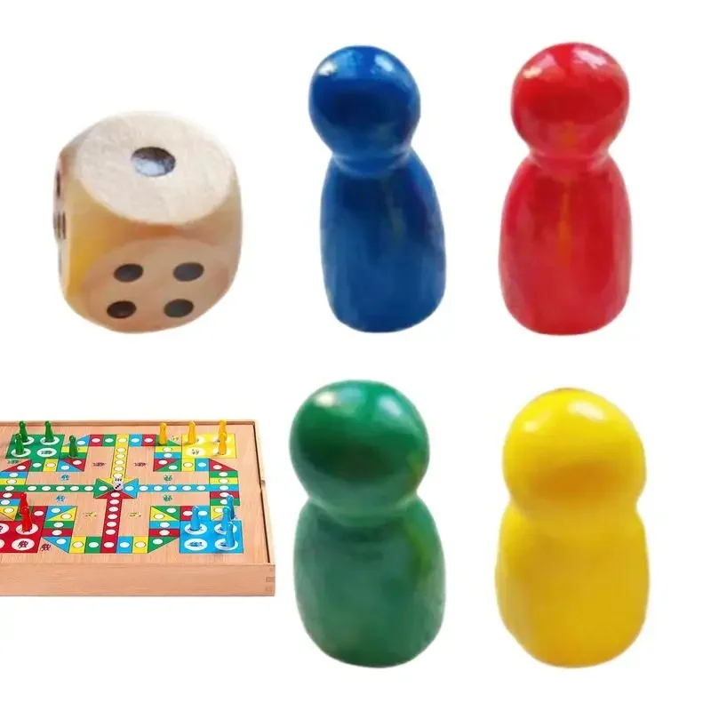 Pièces de jeu de société en bois, 4 pièces d'échecs, pions de jeu avec 1 dés, accessoires de jeu de société, composants de dames portables pour la famille