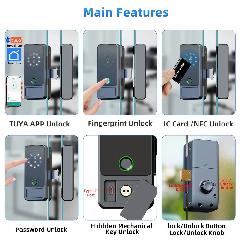 New RAYKUBE G18 Tuya Bluetooth Smart Glass Lock Fingerprint Electronic Digital Lock APP/IC Card/Password Unlock For Glass Door