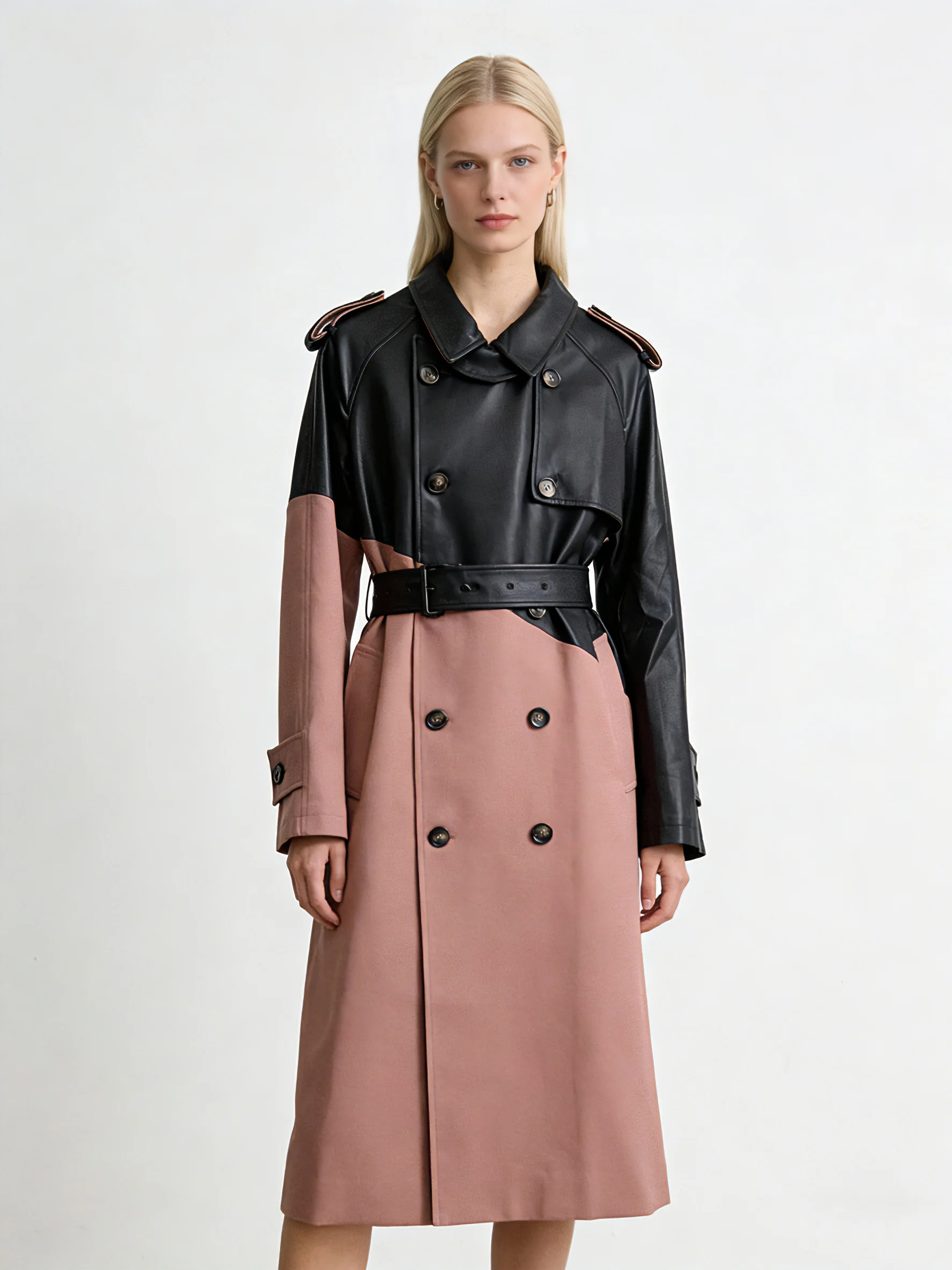 

Женское черно-розовое пальто-тренч в стиле пэчворк из искусственной кожи, двубортное, длинное