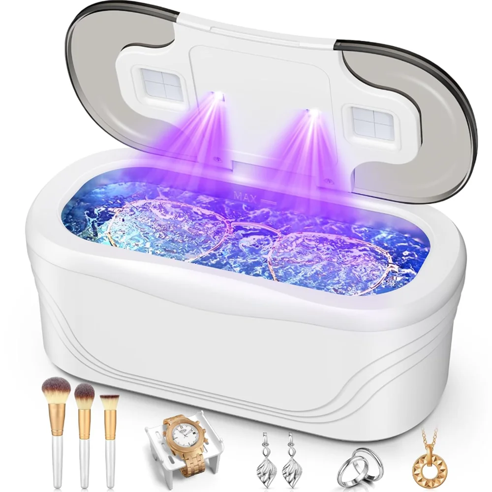 White Ultrasonic Cleaner Machine With UV Light Portable Household Sonic Cleaning Device for Eyeglasses Jewelry Makeup Brushes Watch Rings Dentures