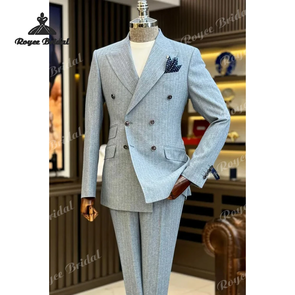 رمادي فاتح مخطط قطعتين الذروة التلبيب بدلة رجالية الزفاف 2026 مزدوجة الصدر بدلة عمل مخصصة trajes الفقرة hombre #1