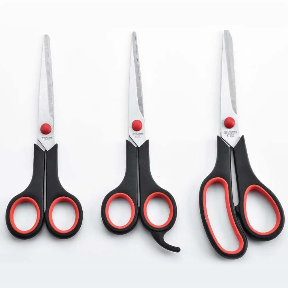 Tijeras de acero inoxidable. TRES PIEZAS. Mango ergonómico de goma. Corte suave. Punta fina. Articulos escolares, del hogar y de oficina.