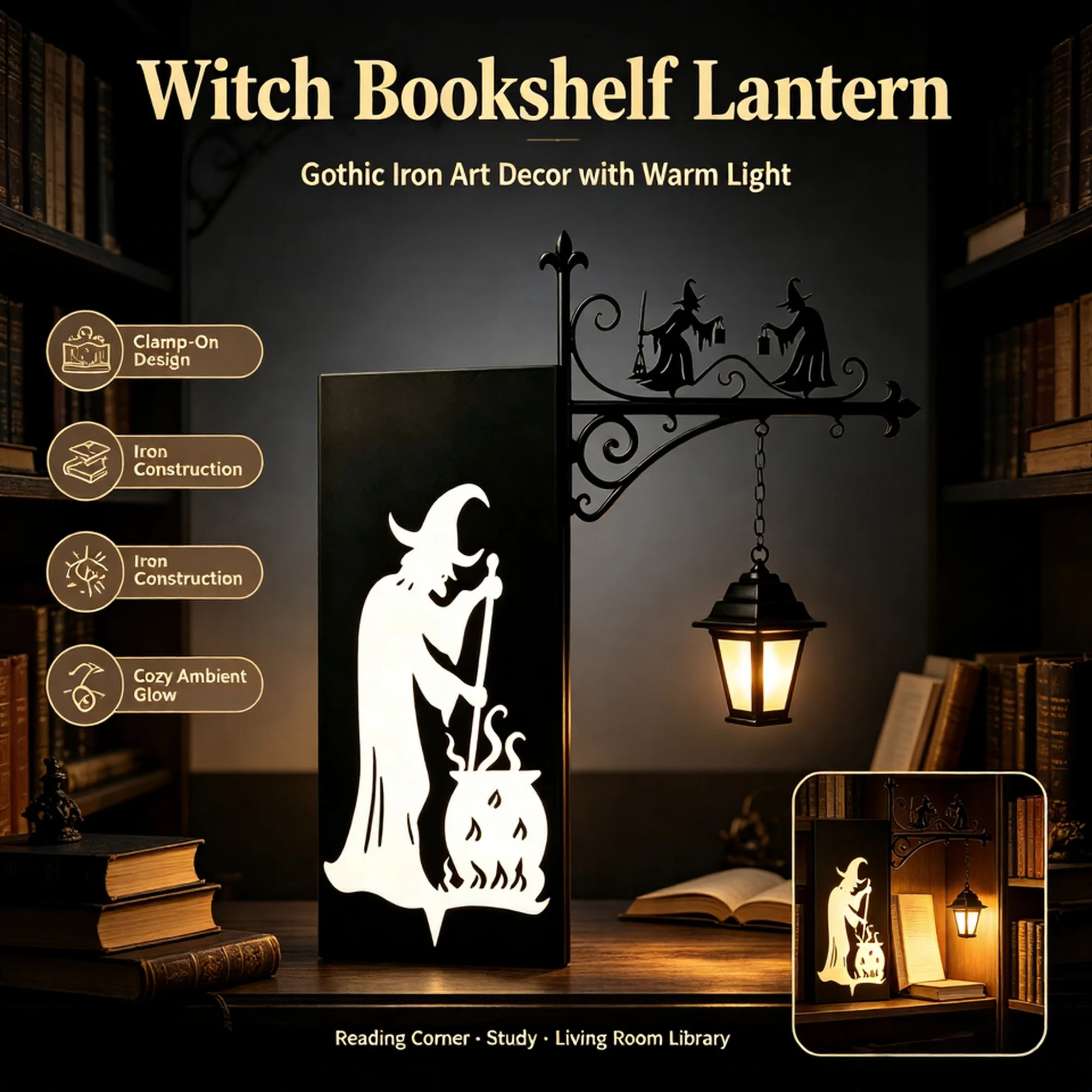 Gothic Witch Bookshelf Lantern Ornament Wrought Iron Clamp on Hanging Shelf Lamp for Halloween Home Garden Patio Backyard Decor