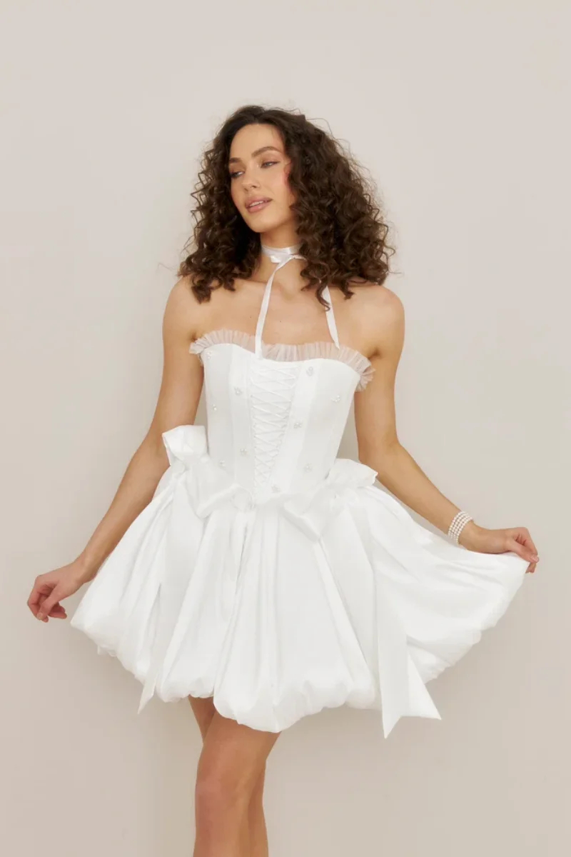 Annie Abiti da ballo con perle fatte a mano Abiti da sera corti stile soffice con fiocco bianco Occasioni speciali Abiti da festa فسات Бmavera