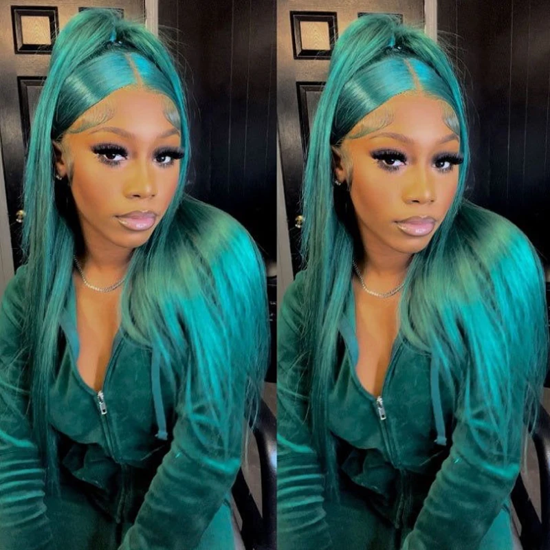 Emerald Green 13x4 Transparent Straight Synthetic Hair Wigs Brazilian Lace Frontal Wig Pre Plucked for Women 5x5 Closure Wig