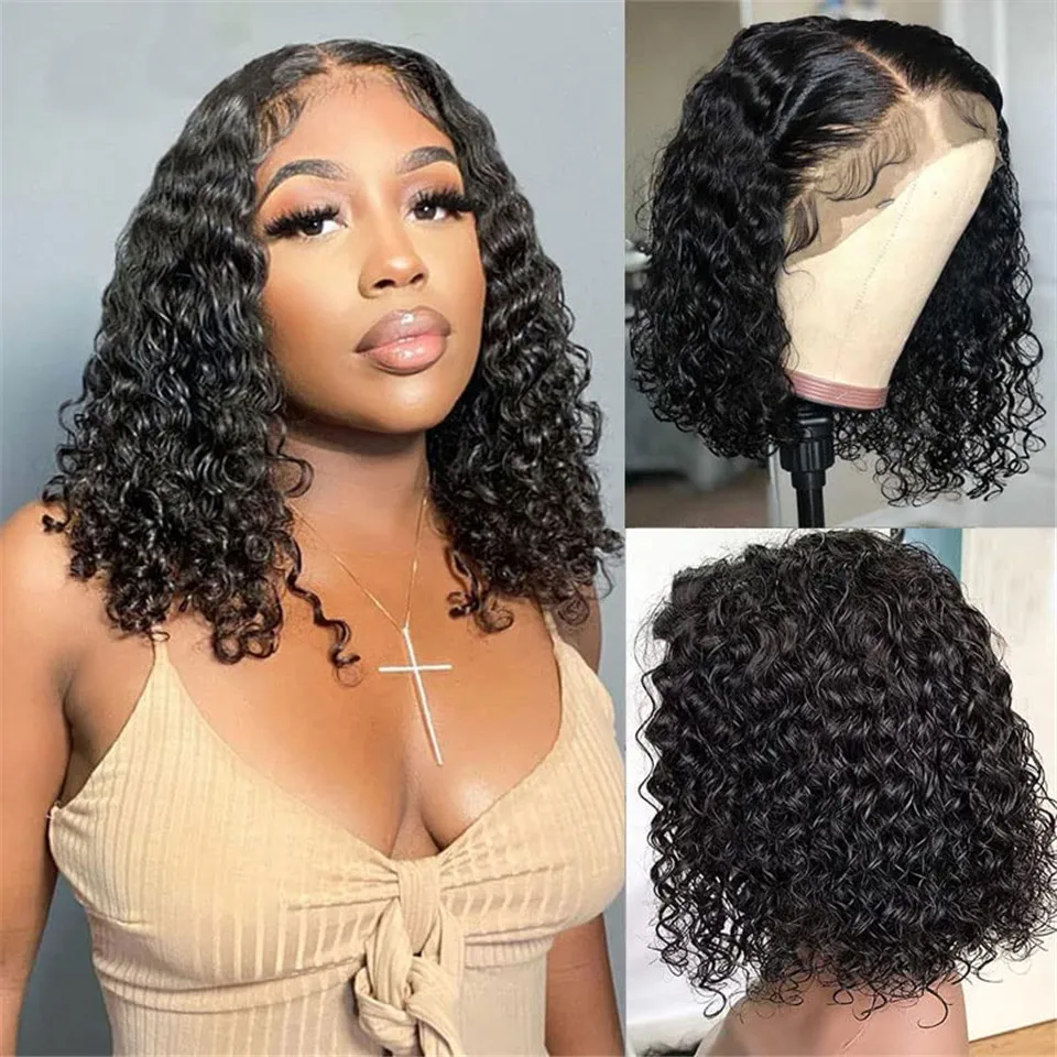 Peruvian Short Bob Wig Water Wave Human Hair Lace Part Wigs for Women Remy Hair Pre Plucked T Middle Part Water Curly Natural