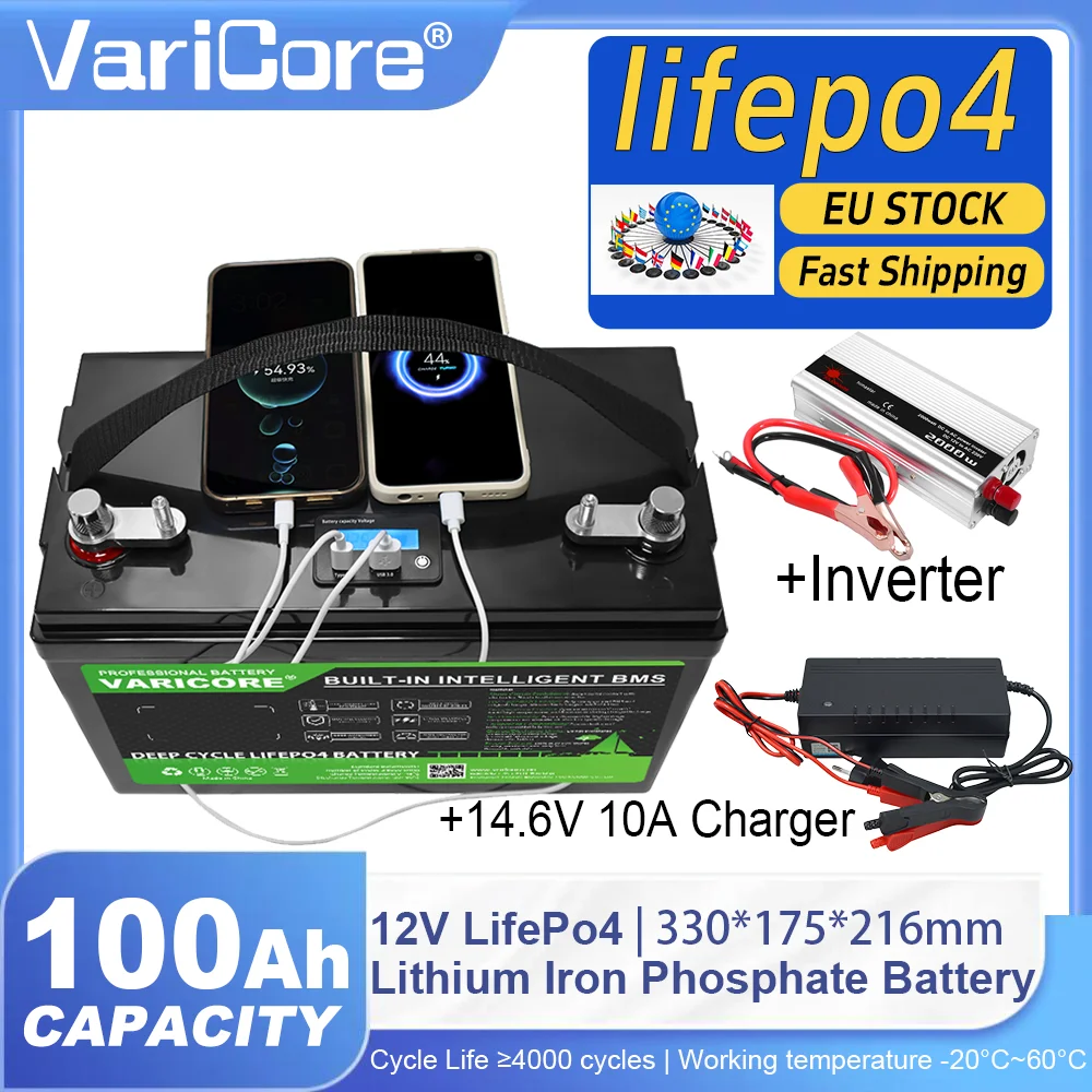 Batterie au phosphate de fer et de lithium LiFePO4 12V 100Ah avec chargeur 14,6V 10A + onduleur, batterie de grande capacité à longue durée de vie, vente en gros sans droits de douane UE, stock UE, livraison rapide
