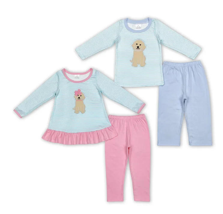 

Children Fall Long Sleeve Top with Long Pants Sets Kids Dog Embroidery Stripes Top Pants Sibling Clothes for Fall Kids