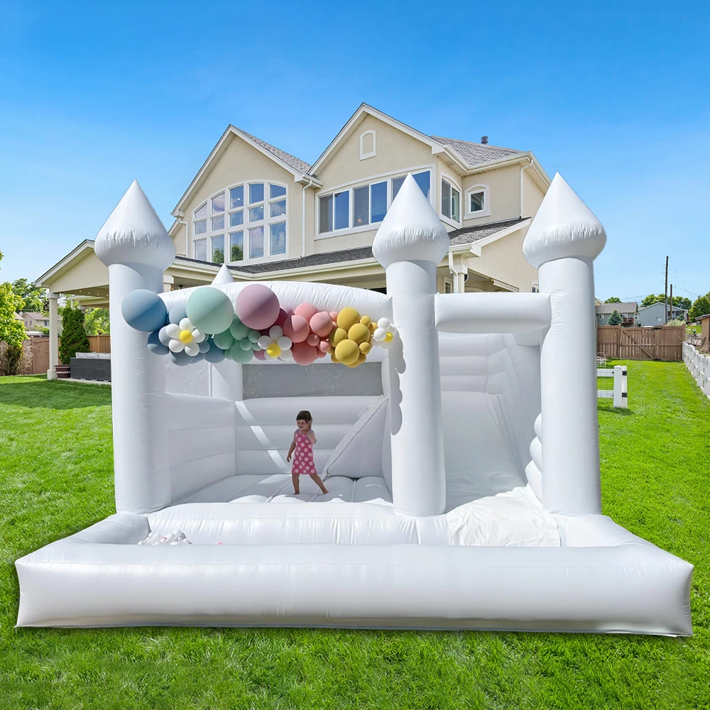 15FT PVC White Bounce House With Slide & Ball Pit, Large Jumper Bouncy Inflatable Castle For Wedding, Birthday, Party Decoration