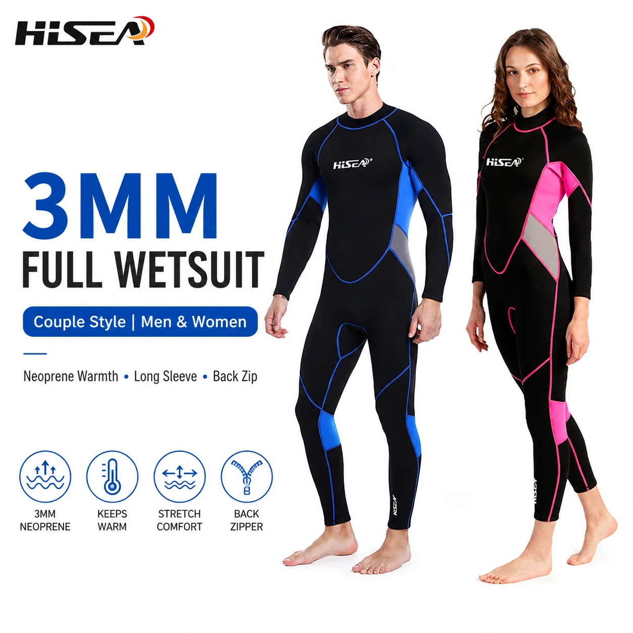 HISEA 3mm Neopren-Vollanzug für Herren und Damen, Langarm, Einteilig mit Rückenreißverschluss zum Tauchen, Surfen, Schnorcheln und Schwimmen