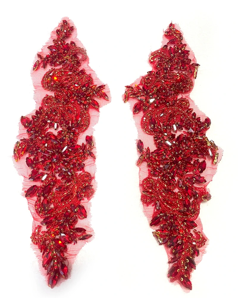 HelluyerDc Red rhinestones beaded applique,14cm*39cm large applique for clothing decoration, embroidery on tulle sew on patch