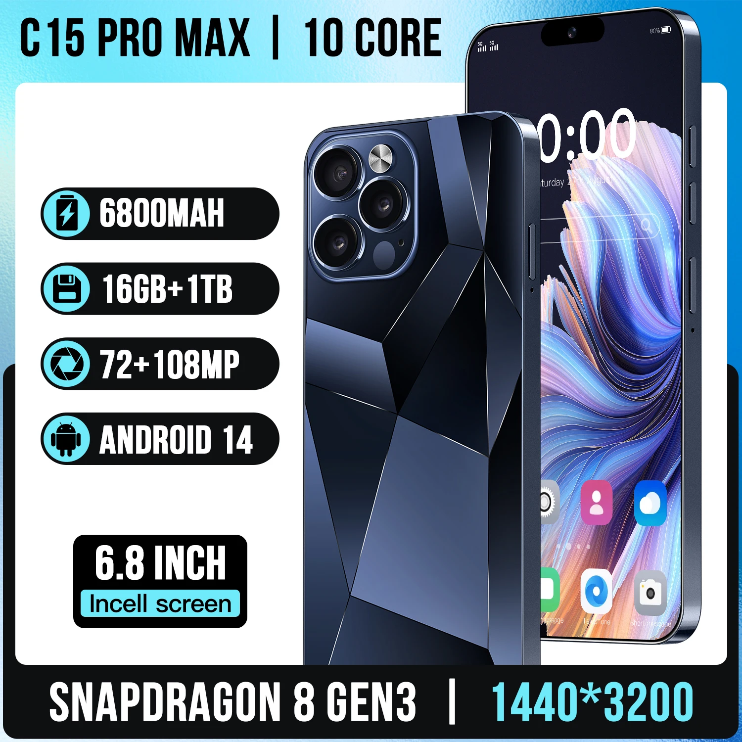 

2024 New Global Version C15 Pro Max Smartphone 6.8inch high-definition 16G+1T Android14 72+108MP 4G/5G Cellphone Mobile Phone