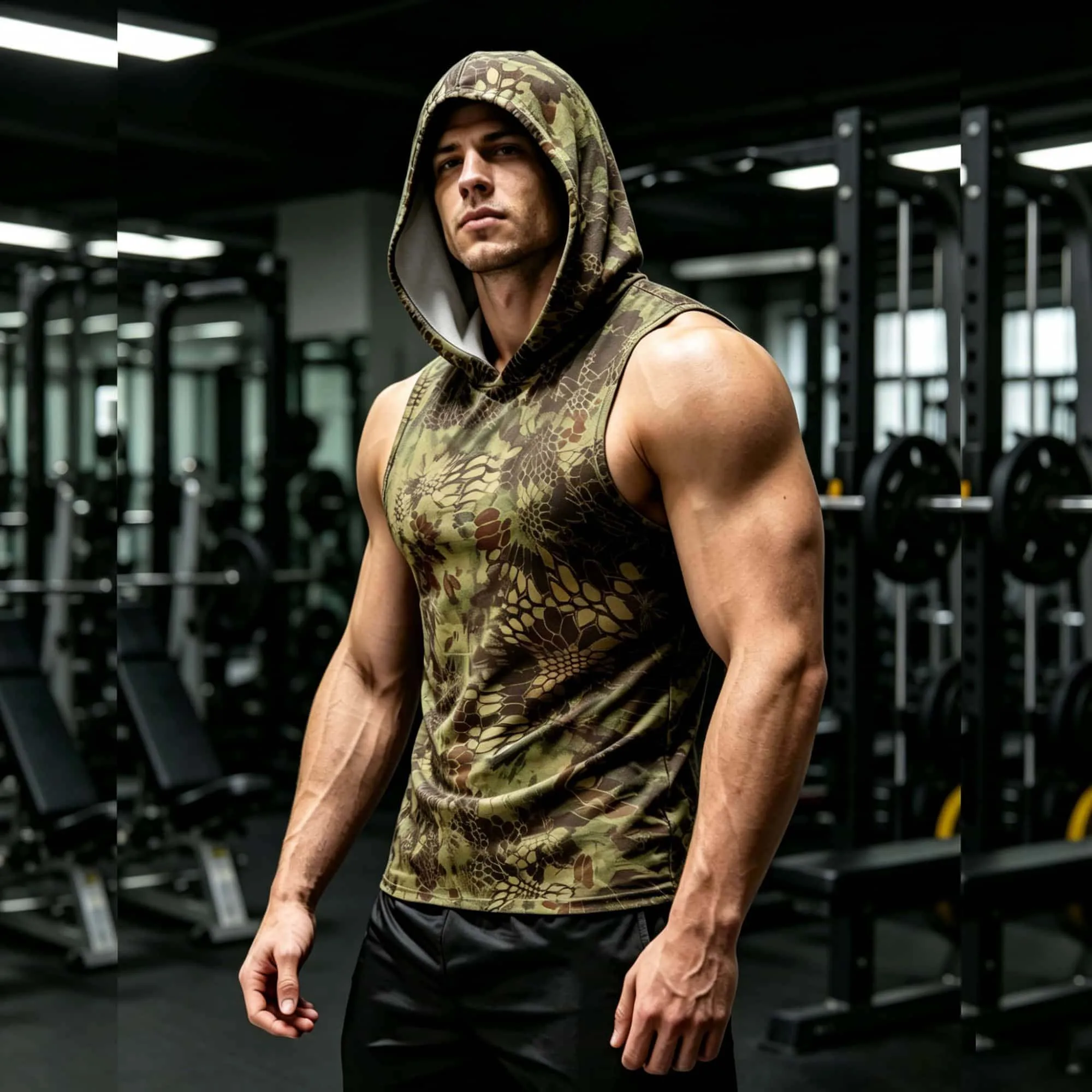Herren Schlangen-Camo-Print Ärmelloses Kapuzen-Tanktop Schnelltrocknend Atmungsaktives Fitness-Muskelshirt Outdoor-Jagd-Street-Workout-Kapuzenshirt
