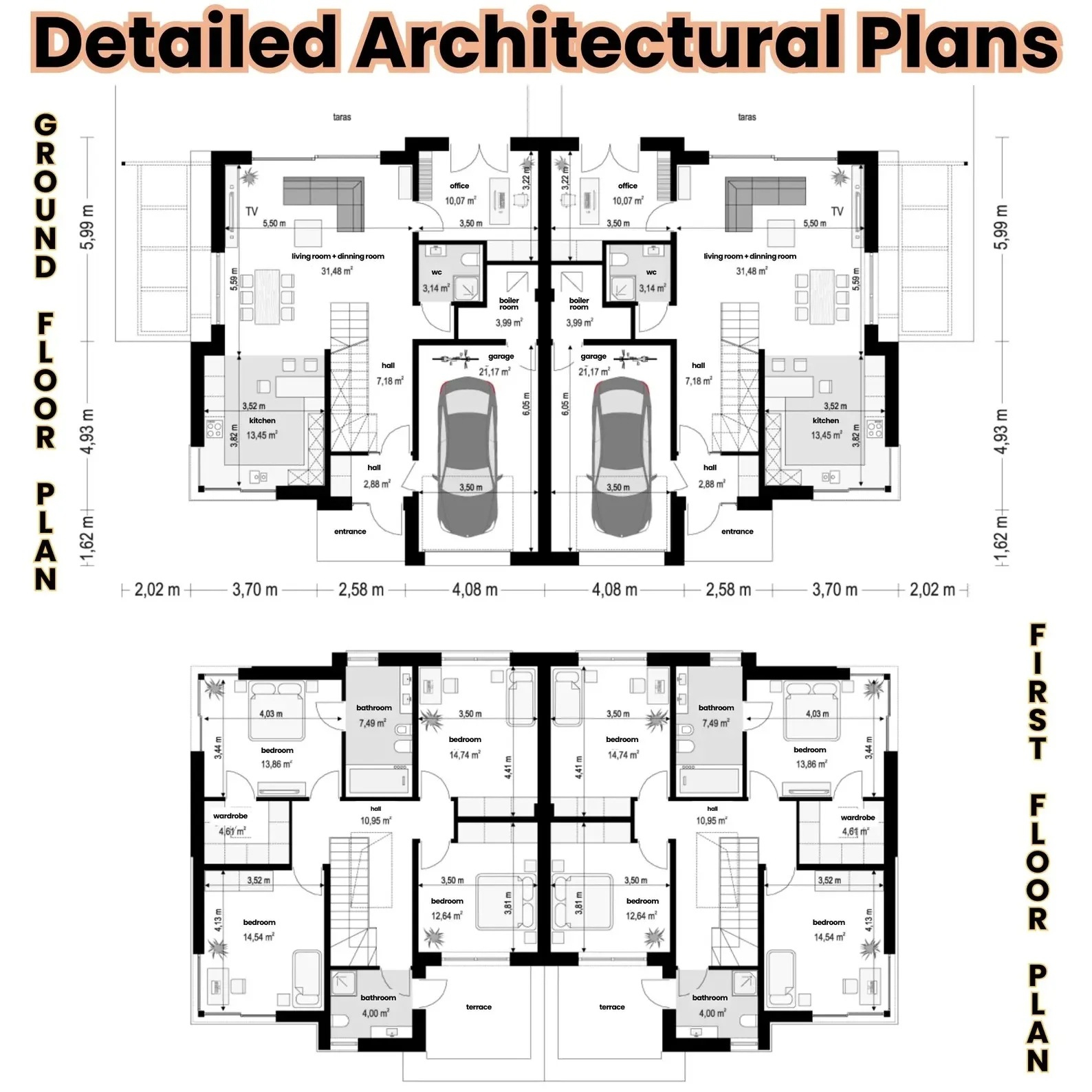 خطط مطبوعة للفيلا الحديثة التوأم |   4 غرف نوم 216 م2 تصميم علوي ومرآب |   كتيب مخطط المنزل DIY + قائمة المواد المجانية