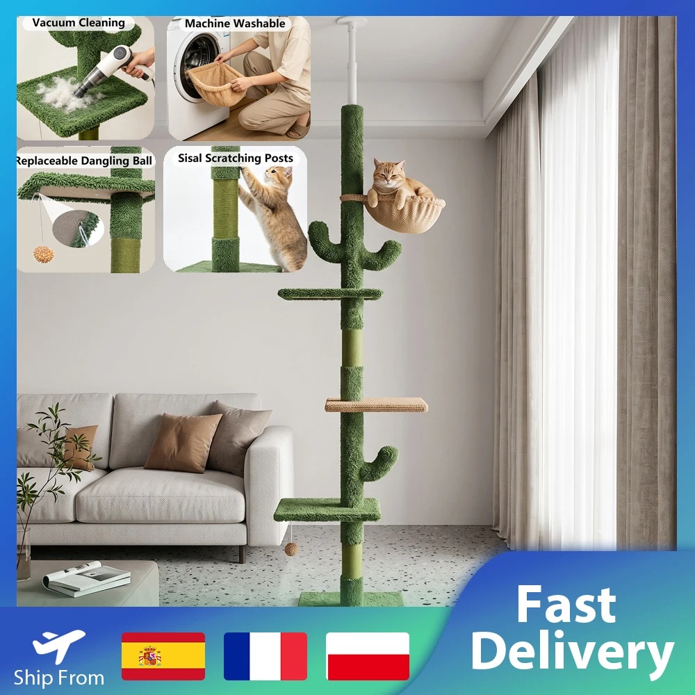 Torre per gatti a forma di cactus, con altezza regolabile, palo per arrampicarsi, 5 livelli, da terra a soffitto, torre alta a forma di cactus con tiragraffi, amaca e palla sospesa, ideale per gatti