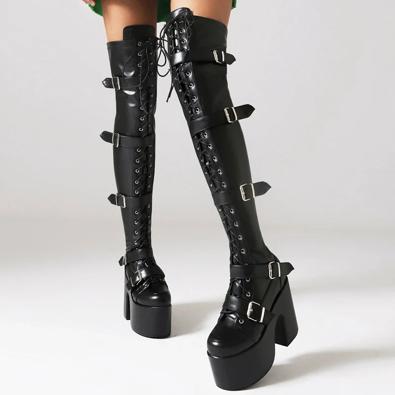 ippeum Black Platform Thigh High Boots Women Gothic Chunky Heels y2k Shoes Belt Buckles Lace Up Punk Style Long Botas