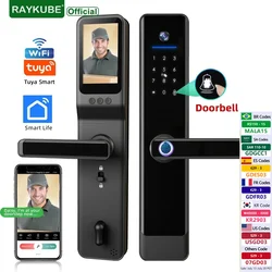 RAYKUBE-cerradura electrónica con huella dactilar, dispositivo de cierre de puerta con cámara Wifi, pantalla, desbloqueo remoto por aplicación Tuya/ Smartlife, videollamada, E908F