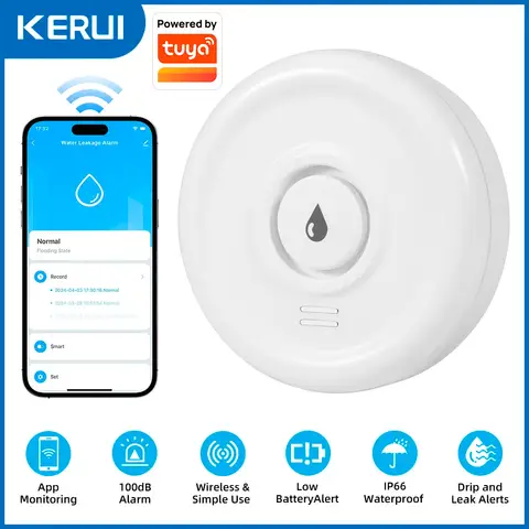 KERUI WiFi Flood Sensor Detector Works with Tuya Loudly Sound Alarm Alert Water Leakage Sensor Detection App Remote Monitoring