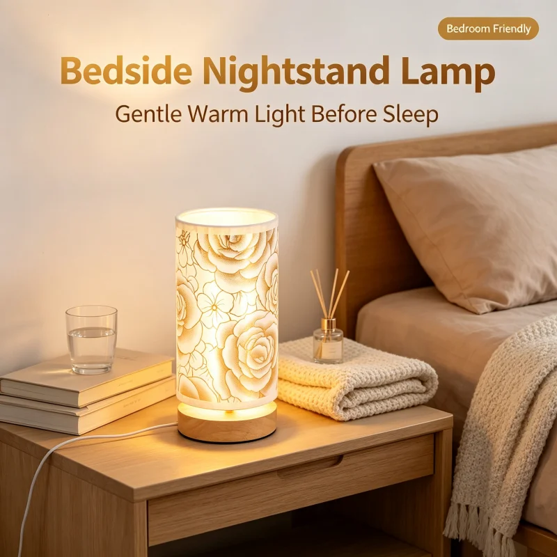 Floral Rose Fabric Table Lamp, Warm Ambient Bedside Lamp, USB Decor Light for Bedroom, Living Room and Guest Room