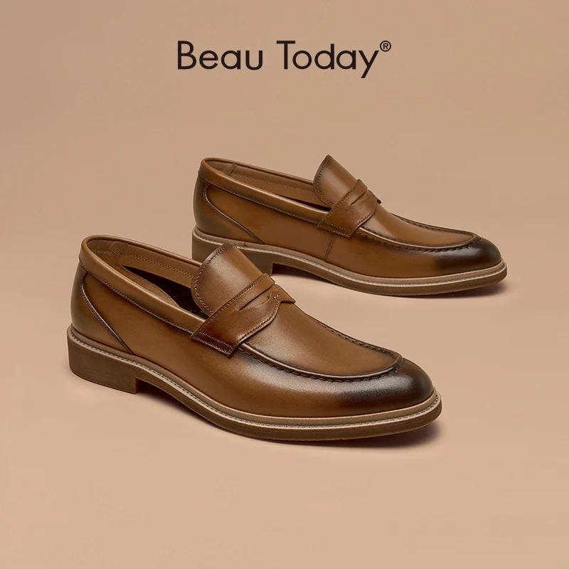 BeauToday Dress Loafers Men Genuine Cow Leather Slip On Round Toe Square Heel Flats Gentle Business Outdoor Male Shoes 50073