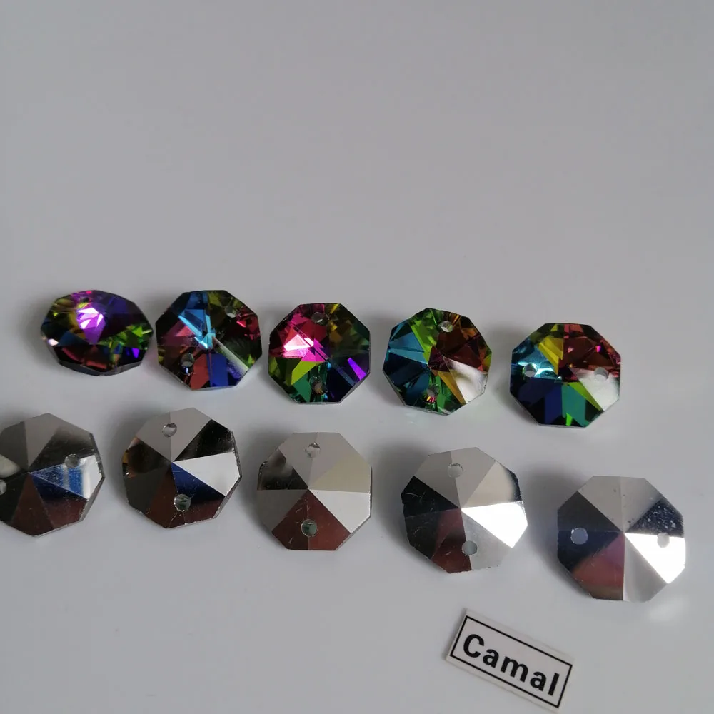 Camal 20pcs 14mm 1/2 Holes Rainbow Glass Crystal Octagonal Loose Bead Prism Pendant Chandelier Suncatcher Lighting Ornament Part