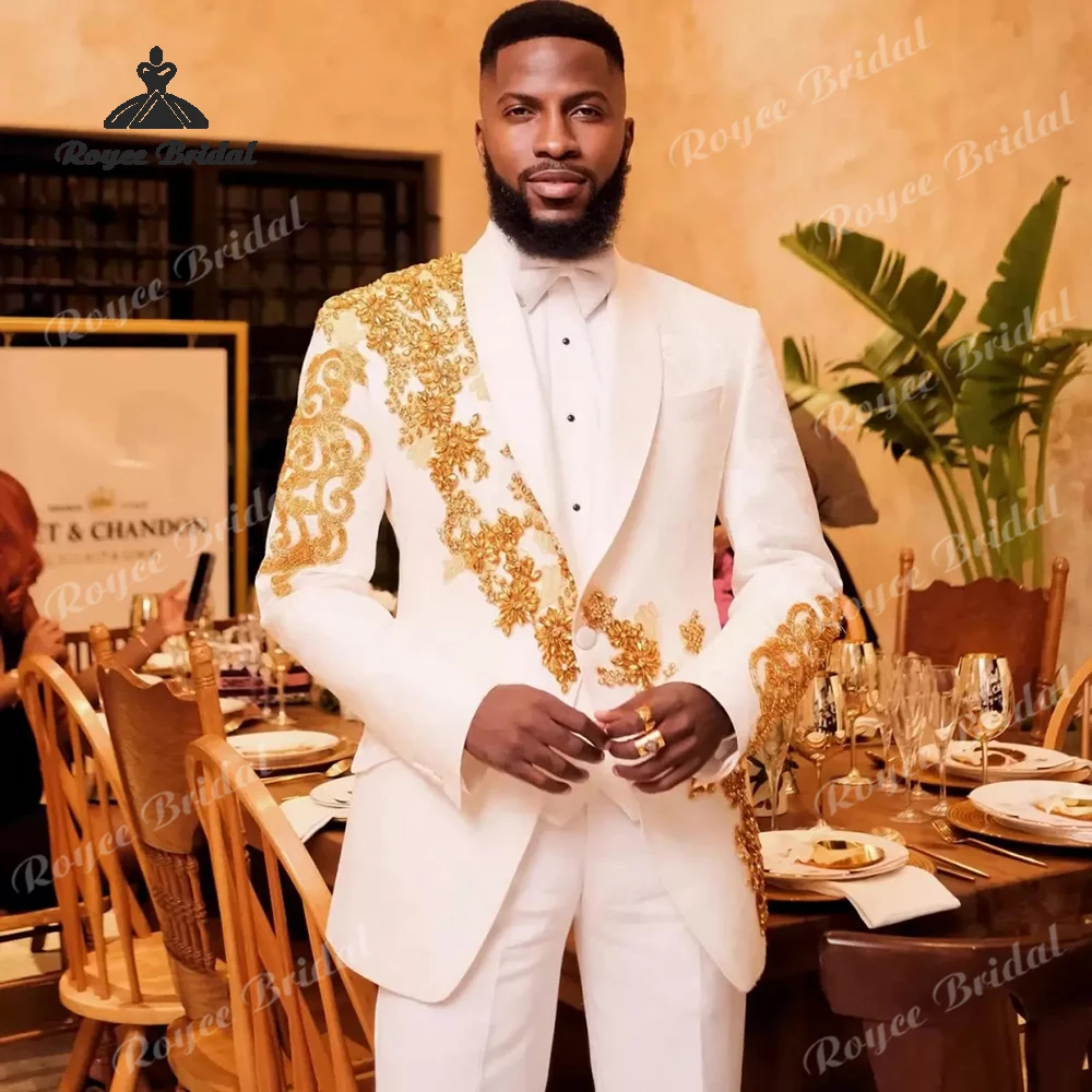 

Мужской костюм-тройка с золотым бисером, свадебный костюм 2026, с шалевым воротником, формальный вечерний деловой костюм, костюм homme mariage