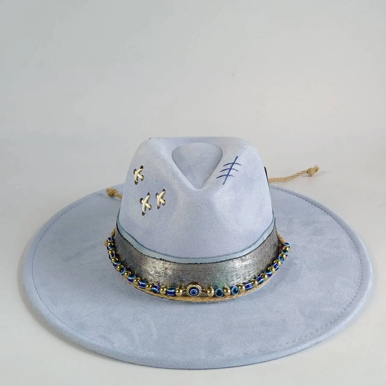 

Western-style wide-brimmed velvet fedora, hand-stitched playing card embellished felt hat, cowboy hat, Panama hat, new style.