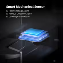 Diagrama ilustrando o sensor mecânico inteligente da impressora com alertas de resina, resíduos e nivelamento