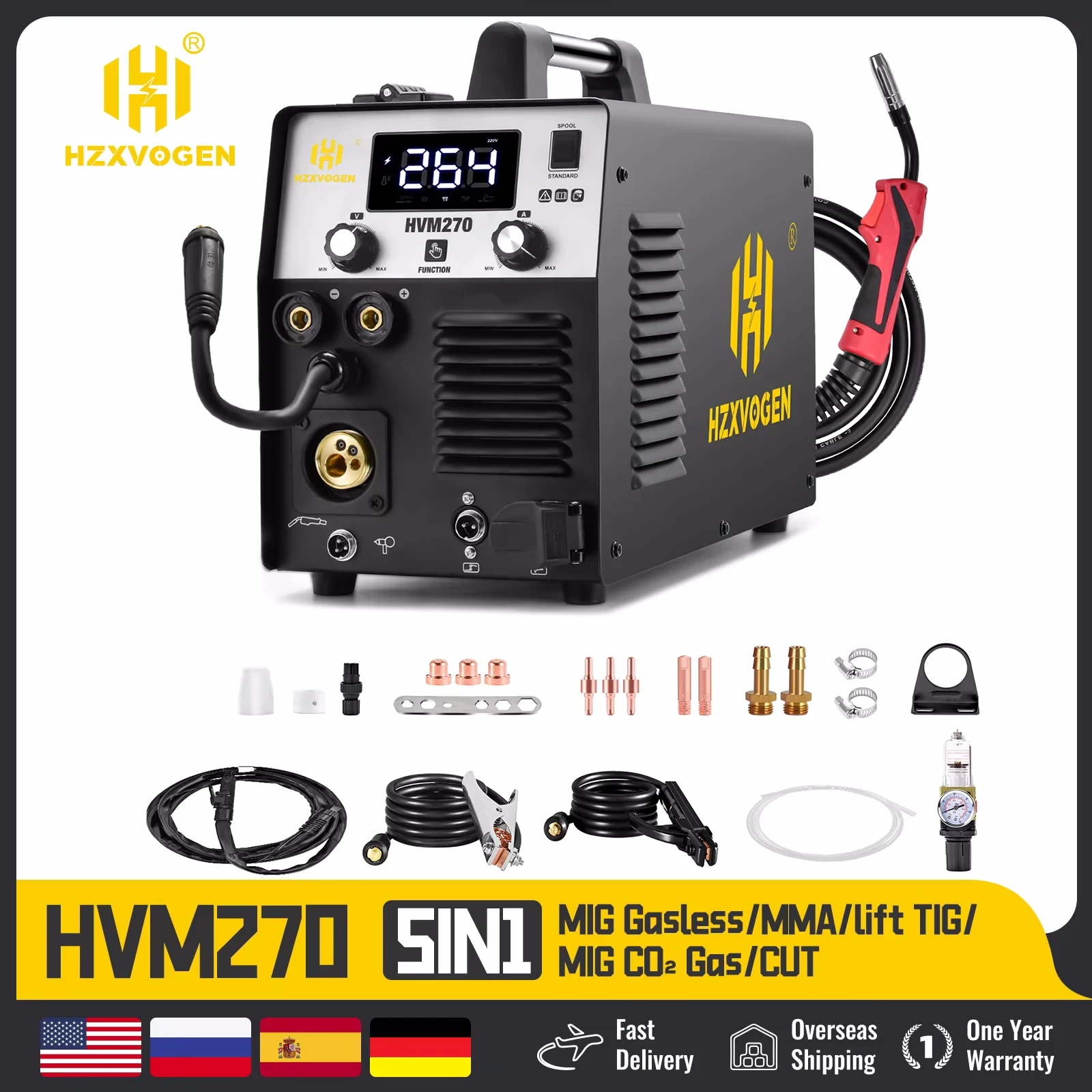 HZXVOGEN 5 In 1 saldatrice Cut/Gas MIG/Gasless MIG/Lift TIG/MMA schermo digitale Inverter saldatore HVM270 supporto 1/5Kg filo