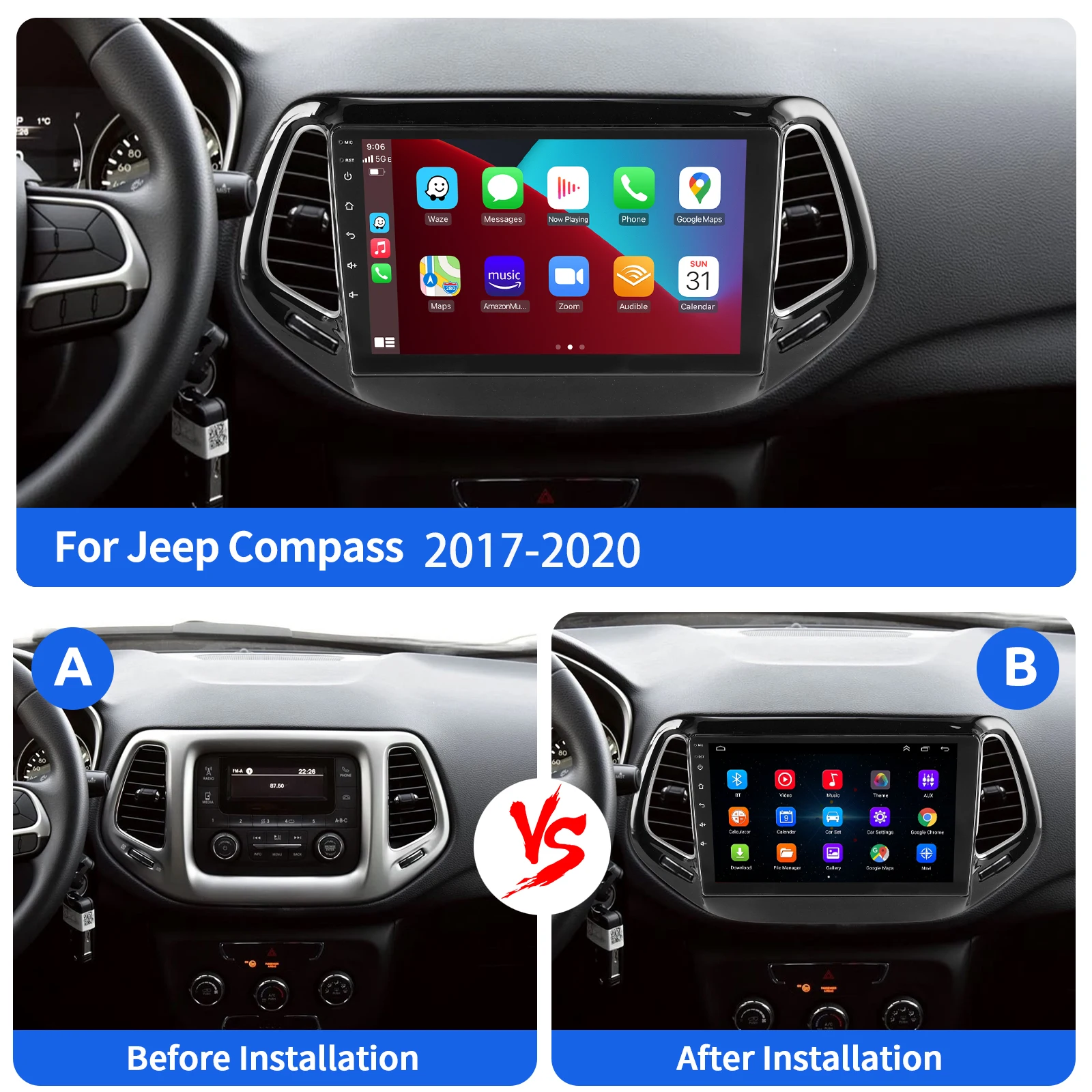 Autoradio ESSGOO Android 15 10 Zoll 4+64G/6+128G für Jeep Compass 2017-2020 Drahtloses CarPlay Android Auto GPS Navigation Bluetooth WiFi RDS Lenkradsteuerung Mirror Link Touchscreen – Detail 3