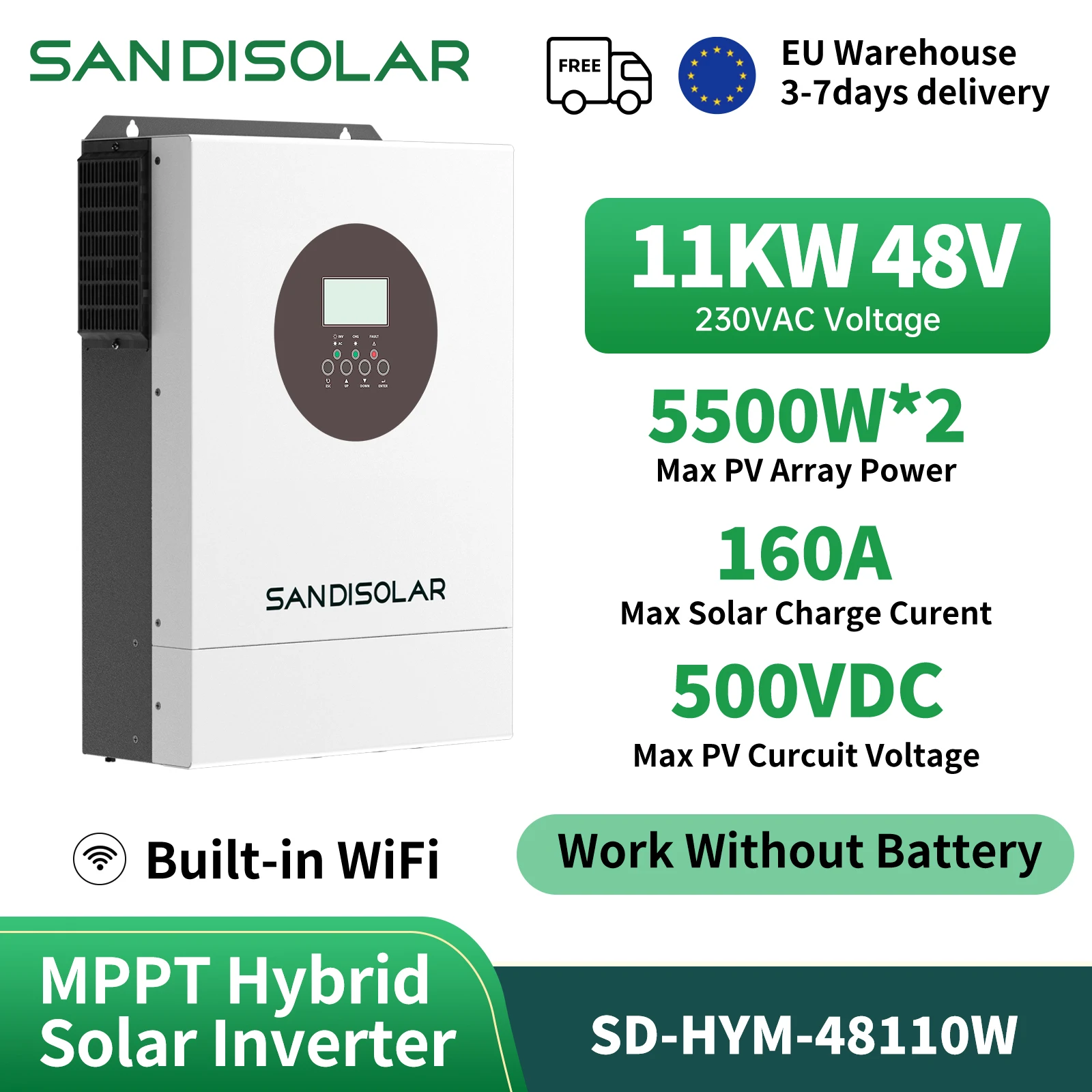 SANDI 11KW 48V MPPT Hybrid Solar Inverter 2 MPPT Dual PV Input 230VAC On/Off Grid Solar Inverter PV 60-500V 160A Solar Charger