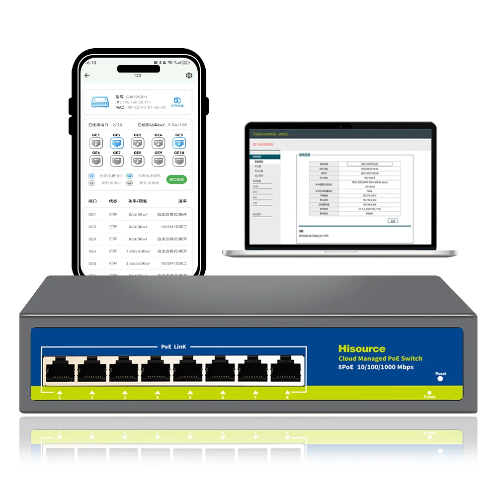 Hisource 4/8 포트 클라우드 관리형 1000Mbps PoE 스위치, 웹/앱 지원 스마트 관리, 원격 제어