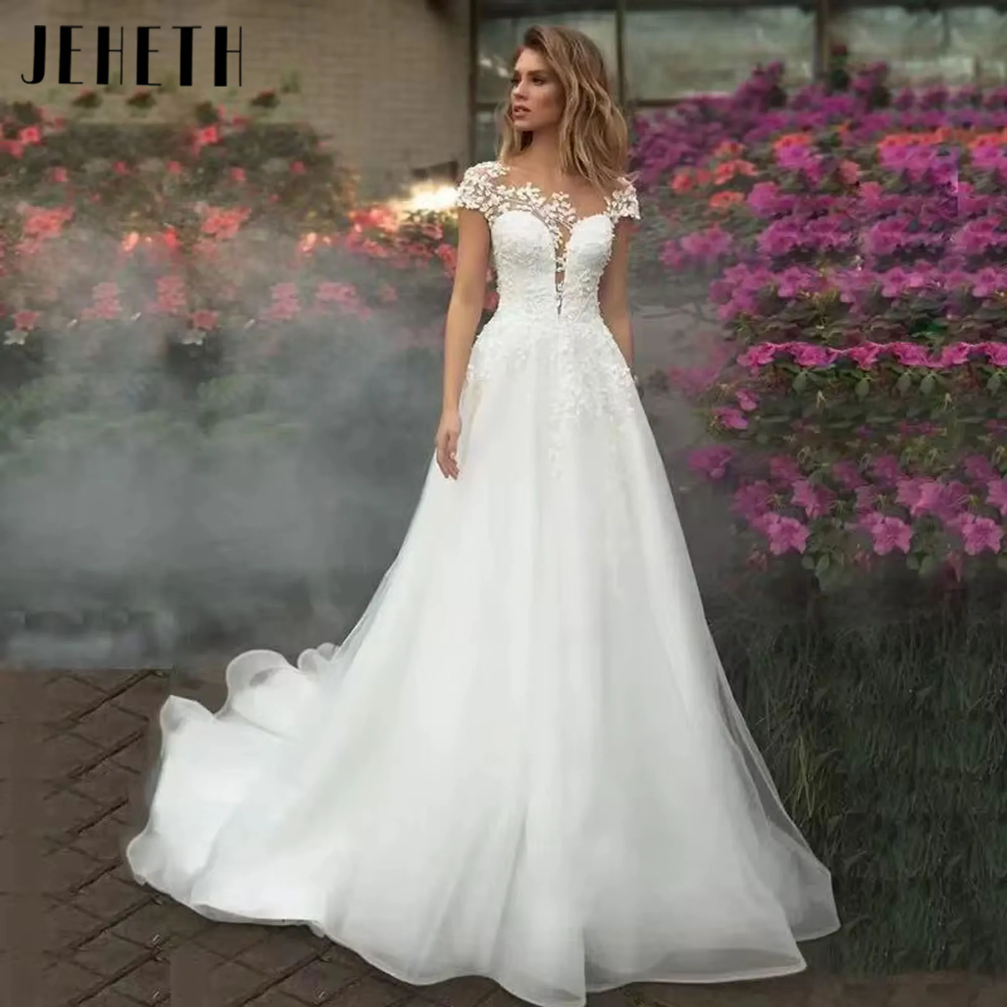 

JEHETH Принцесса О-шея шляпка рукав свадебное платье A-линия тюль открытой спиной кружевное платье кружевное аппликаты для особых случаев ﻿ Подгонянный JEHETH Принцесса О-шея шляпка рукав свадебное платье A-линия тюль