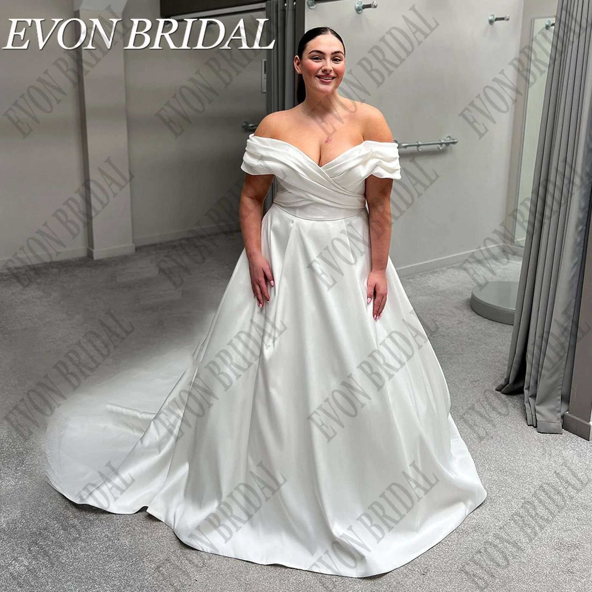 

EVON BRIDAL Oversize Wedding Dresses Off Shoulder Satin Bride Gown With Pocket Bride Bridal Dress vestidos de novia Customized