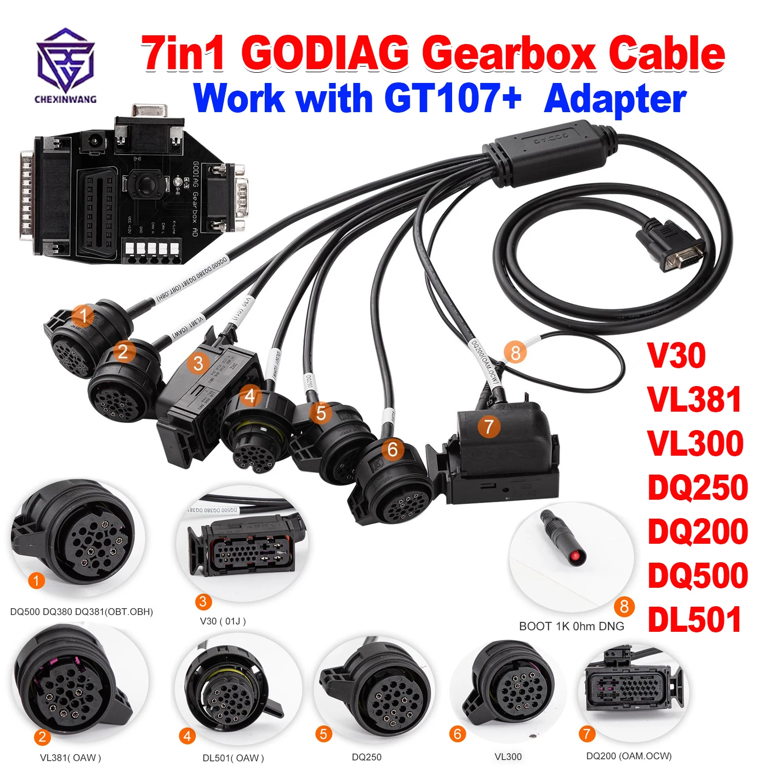 GODIAG Gearbox Cable 7-in-1 for VDQ250 DQ200 DQ500 DL501 V30 VL381 VL300 for GT107+ DSG Plus Gearbox Data Adapter For BMW/BENZ