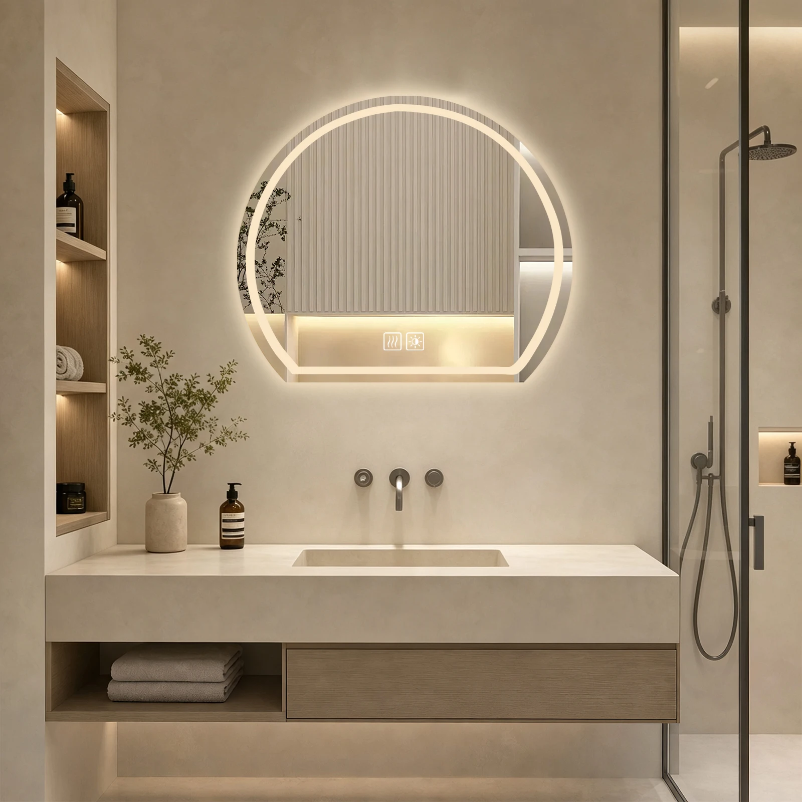 Miroir tactile à LED avec fonction anti-buée, miroir semi-circulaire à fixer au mur, 3 niveaux de réglage de la température de couleur, luminosité réglable.