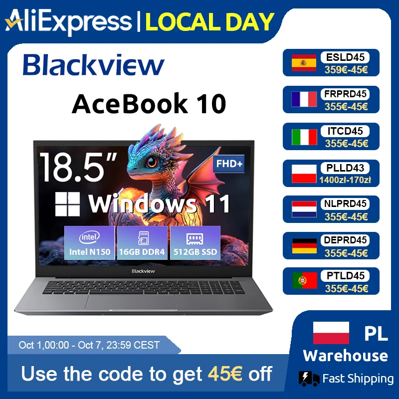 Blackview ACEBOOK 10 Laptop-Computer 18,5 Zoll FHD 8000mAh Intel N150 Windows 11 16GB RAM 512GB BT5.2 WiFi 6 Desktop-Notebook