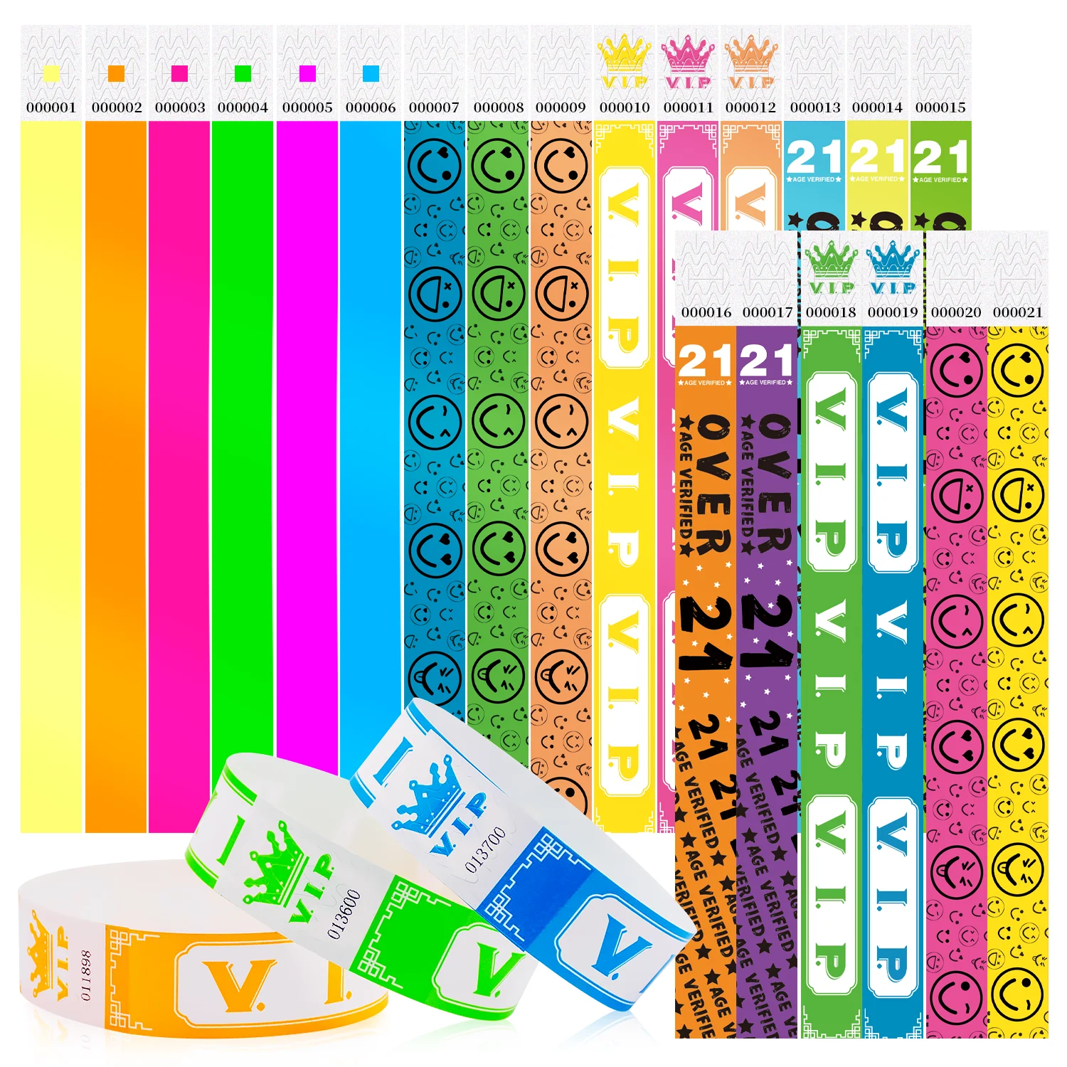 Impermeável e à prova de lágrimas Fluorescentes Pulseiras descartáveis, Smiley Face, Papel VIP, Anti-Tamper Identificação Pulseiras, 1000Pcs