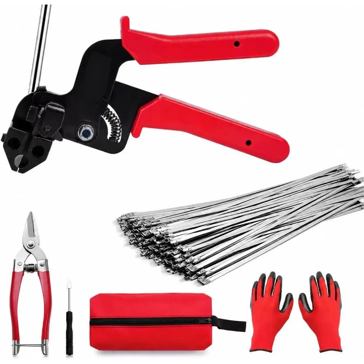 155Pcs Metal Cable Tie Gun Set Heavy Duty Metal Zip Ties With Tensioning Cutting Tool Ergonomic Hand Operated Cable Tie Gun for Fences Chicken Coops Cable Bundling Exhaust Pipe Repair Reinforcement