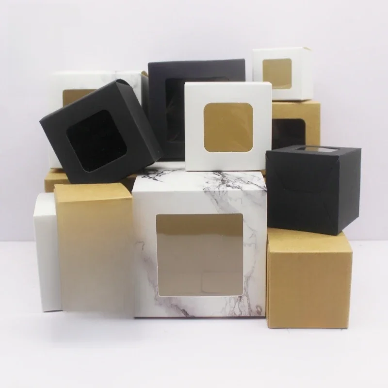 10 st 5/6/7/8/9/10 CM vierkante wit/kraftpapier/marmer patroon venster papier doos Diy sieraden set display doos - afbeelding 2