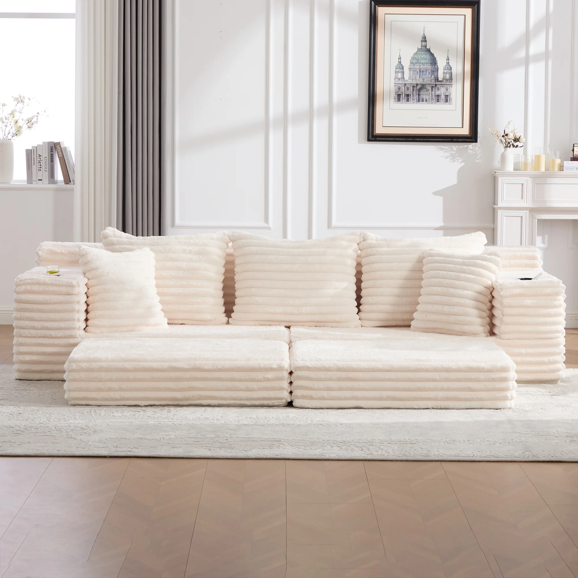Sofá modular convertible, respaldo de piel, bolsillos laterales, portavasos, terciopelo acanalado beige, con función de cama.