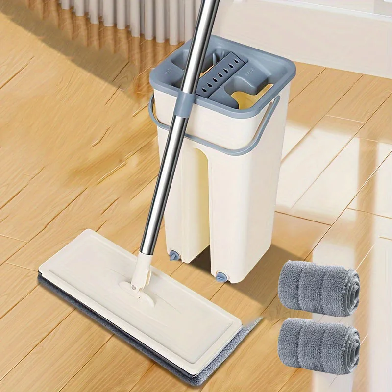 Un kit completo de fregona plana y cubo, manos libres! Este sistema de limpieza en húmedo y en seco viene con dos almohadillas de microfibra ultrafinas lavables, perfectas para varios tipos de suelos