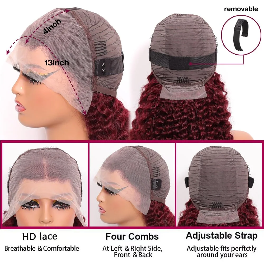 バーガンディ99Jディープウェーブボブウィッグ人毛プレプラッキング済み透明レースフロントウィッグ13x4ディープウェーブショートボブウィッグ女性用