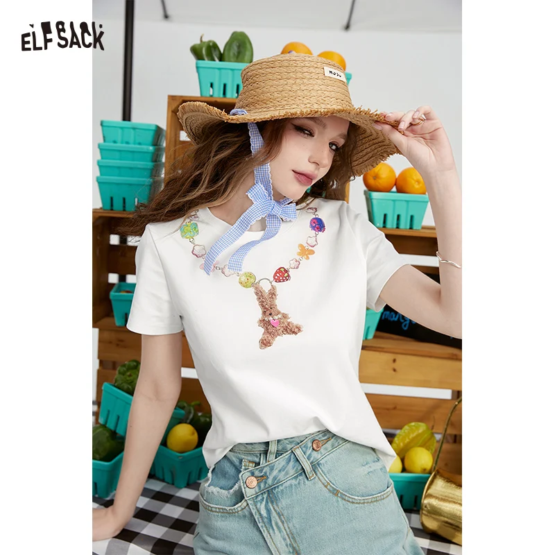

ELFSACK Kidcore White T-Shirt with Bunny Necklace Print, Cute Aesthetic Graphic Tee, Kawaii Beaded Trompe L'oeil Summer Top
