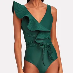 Green Ruffled Solid One-Piece Swimsuit Women's Summer Swiming Suit Sexy 2023 Luxury Shorts Monokini Bandage Bourkini