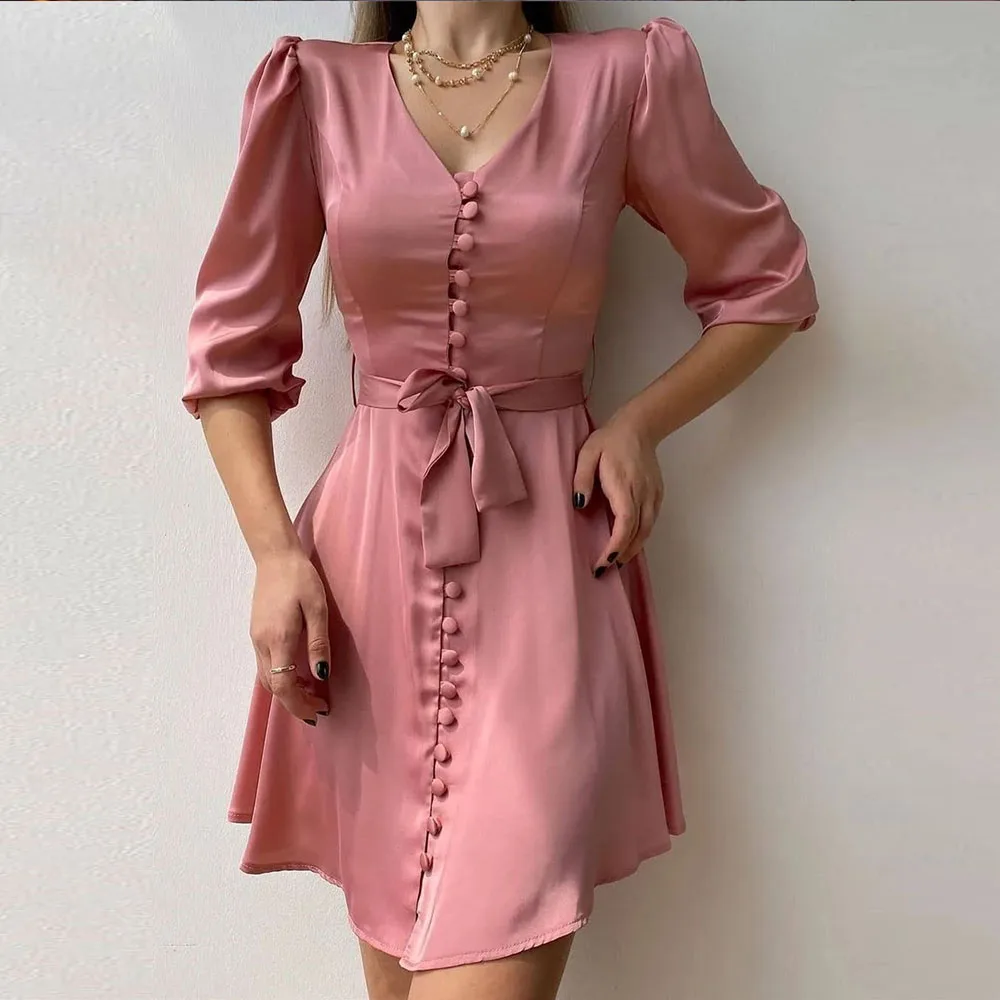 

Mono Simple Prom Dresses for Women Elegant V-Neck Long Sleeves A-line Button Mini Modern Daily فساتين للحفلات الراقصة