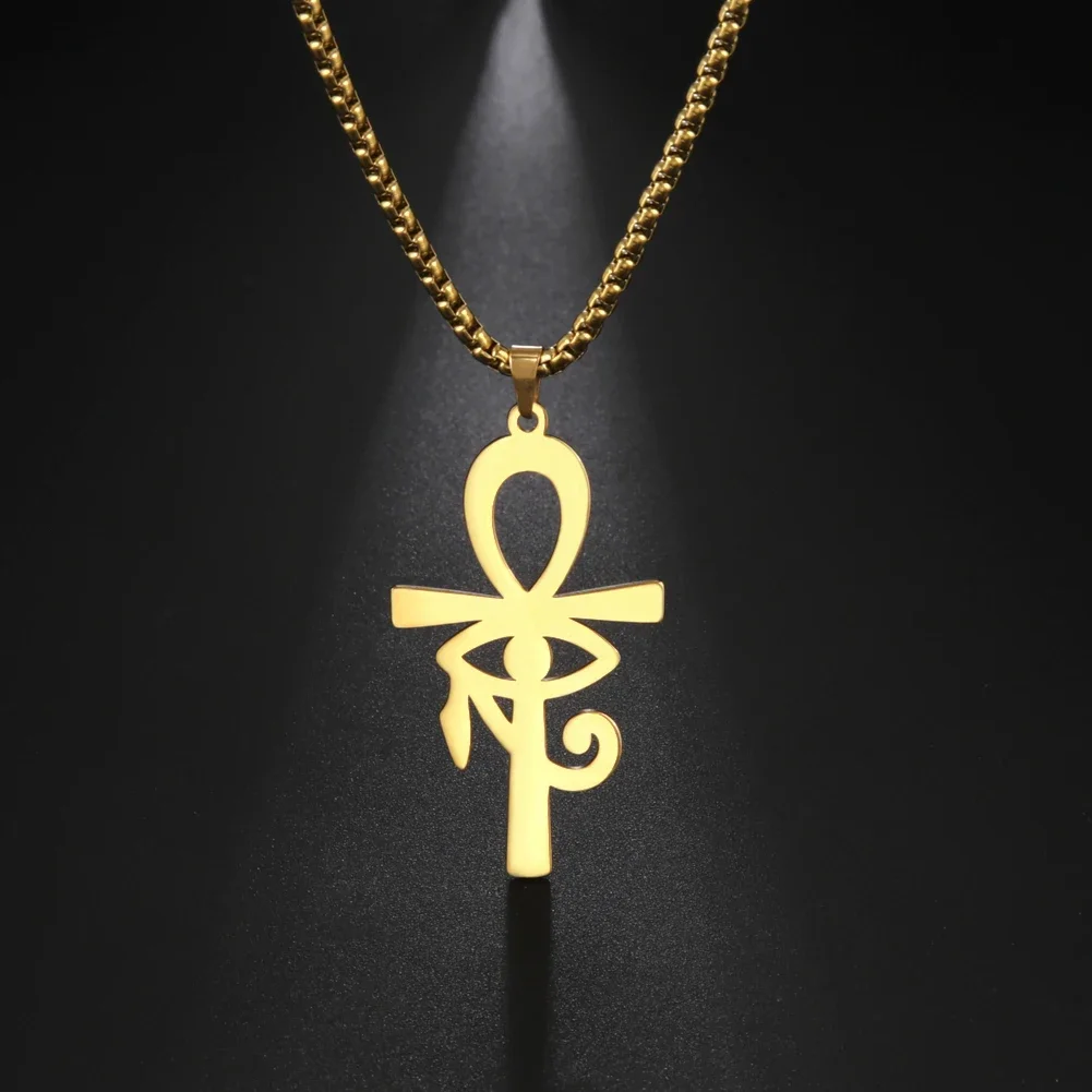 Collier pendentif croix égyptienne œil d'horus pour hommes et femmes, en acier inoxydable, boîte de couleur or, chaîne, bijoux cadeau