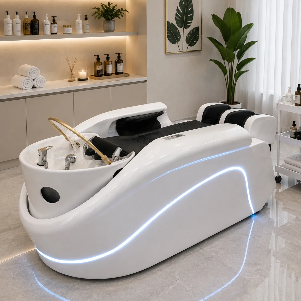 

Electric Massage Shampoo Chair with LED Ambient Light Ceramic Bowl Water Circulation Steam Therapy for Hair Salon