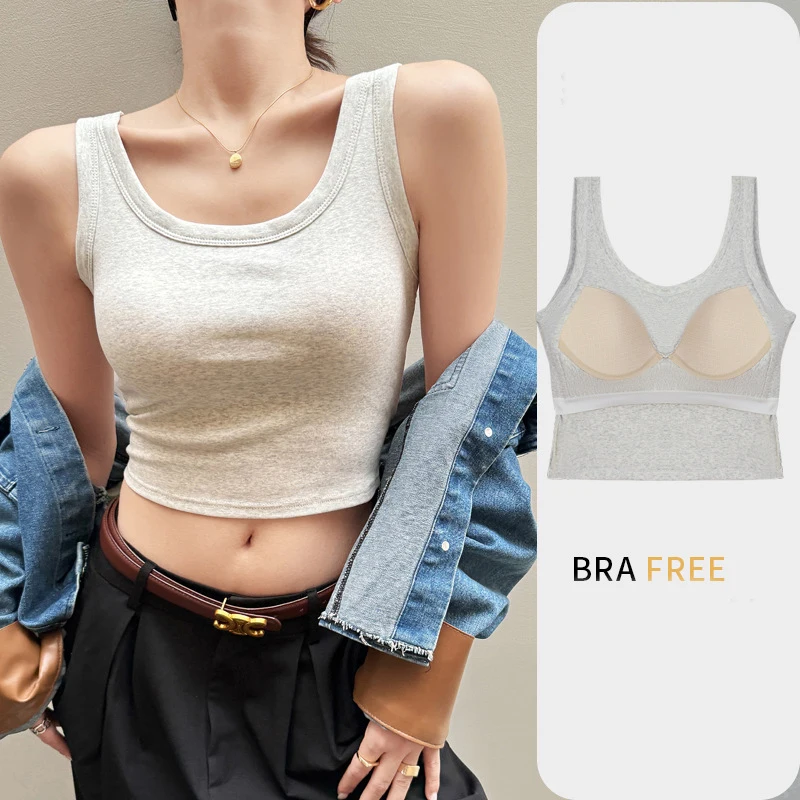 Women's Camisole Solid Color Sexy with Padded Bust Sleeveless Base Layer Crop Top Undershirts Concealing Side Cleavage C5734