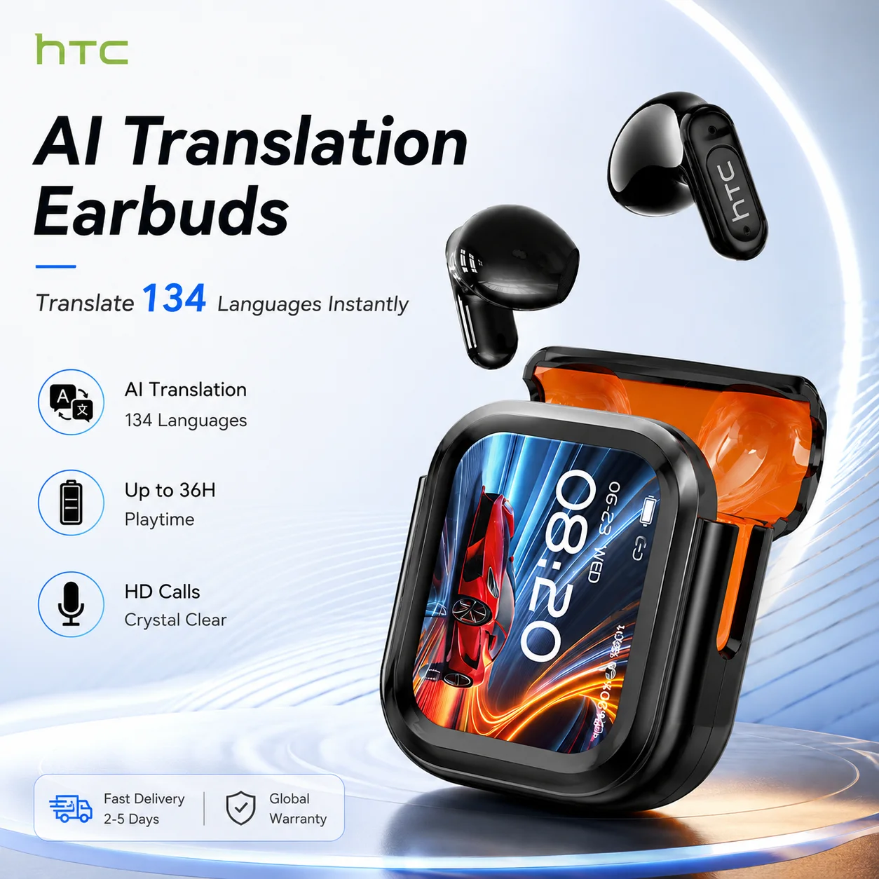 NE20 Kabellose Bluetooth-Kopfhörer – Übersetzungs-Earbuds mit Geräuschunterdrückung, HD-Mikrofon für Anrufe und integriertem Display